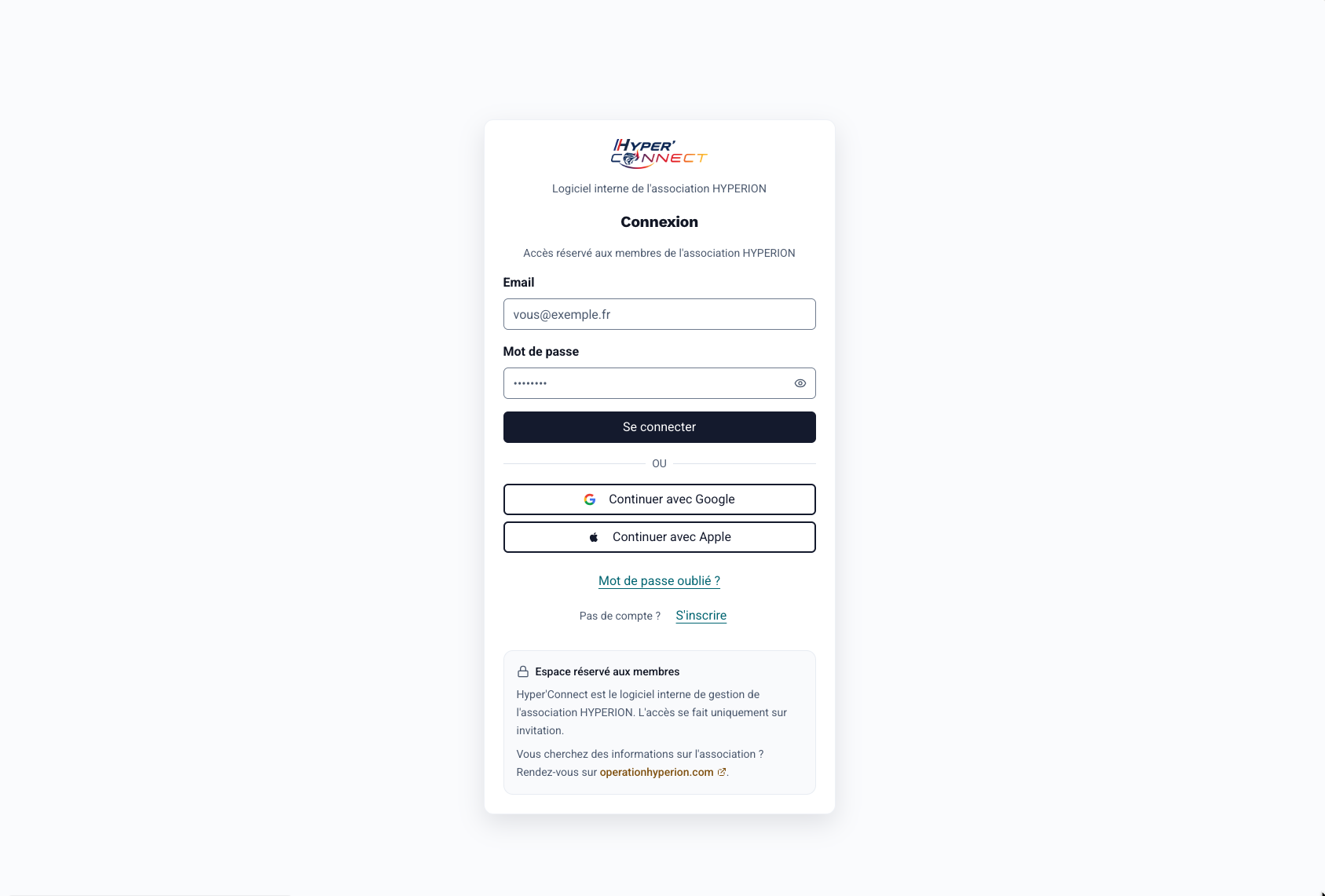Page de connexion d'Hyper'Connect