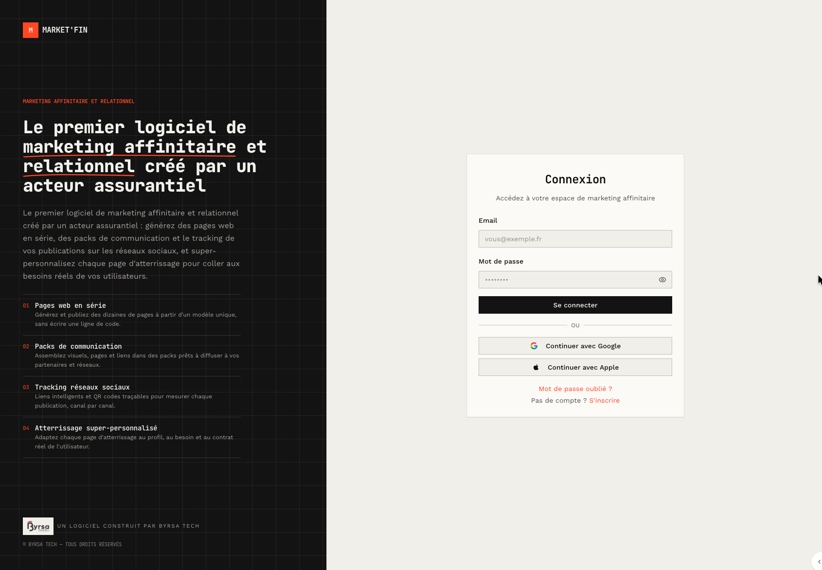 Page de connexion de Market'Fin, logiciel de marketing affinitaire et relationnel