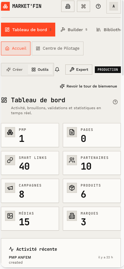 Tableau de bord Market'Fin sur mobile