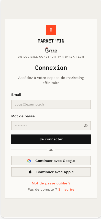 Page de connexion Market'Fin sur mobile